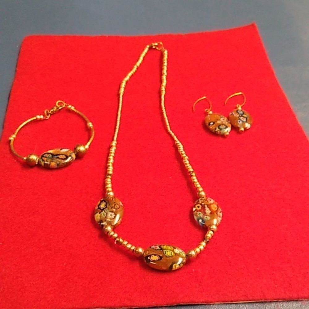 Millefori Glass Artistan Necklace Bracelet and Earrings Gold Tone Metal and Bead